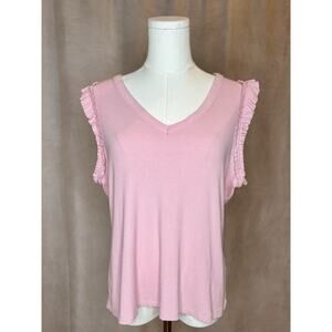 Nine West Pink Ribbed Ruffle Sleeve Tank Top Women’s L Soft Stretch Casual